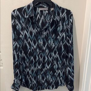 Kate Hill Black and Blue Diamond Pattern Silk Blouse size 6